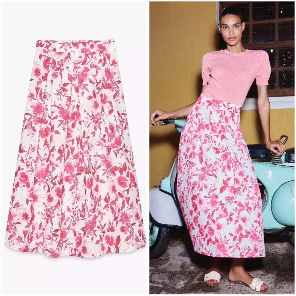 ZARA MIDI POPLIN A-LINE SKIRT POCKETS - Picture 3 of 7